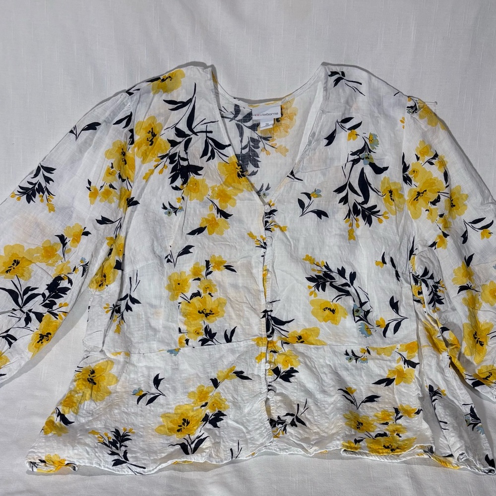 Liz Claiborne Buttoned Peplum Blouse in White and Yellow